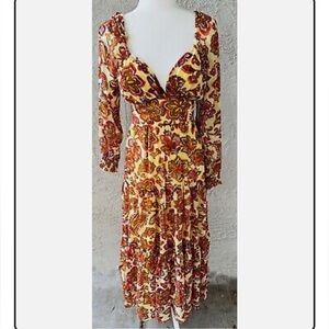 Jessica Simpson Retro 70s Hippie Floral Cut Out Long Puff Sleeve Dress